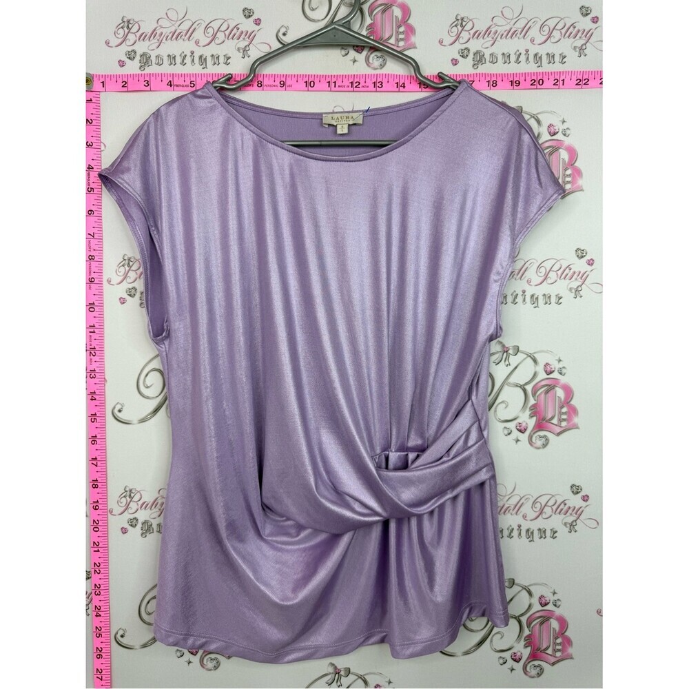 LAURA tshirt shiny blouse Shimmer Lilac Knot-Front Tee